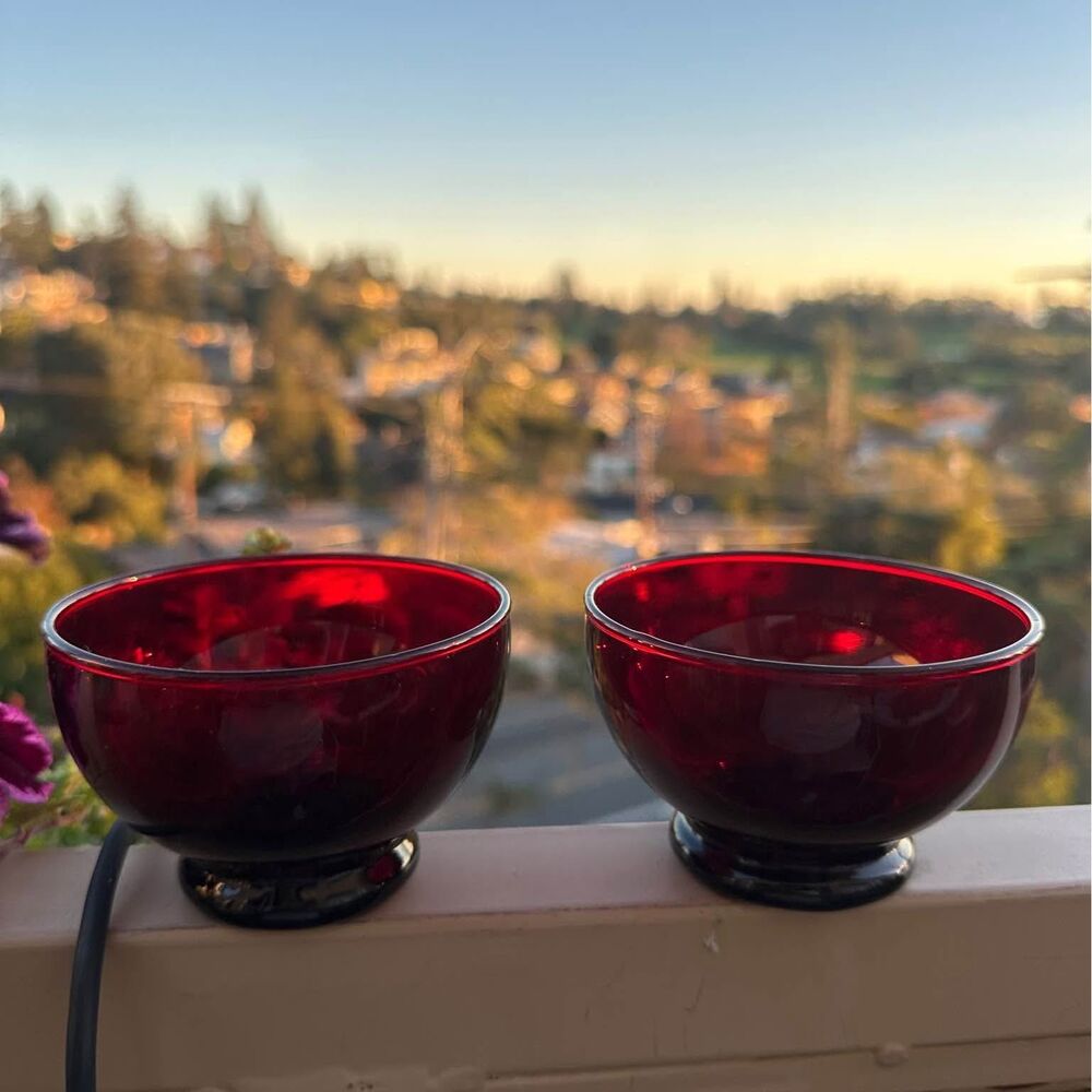 Set of 5 Ruby Red Custard Dessert Dishes Cups Vintage Glassware Mid Century Mod